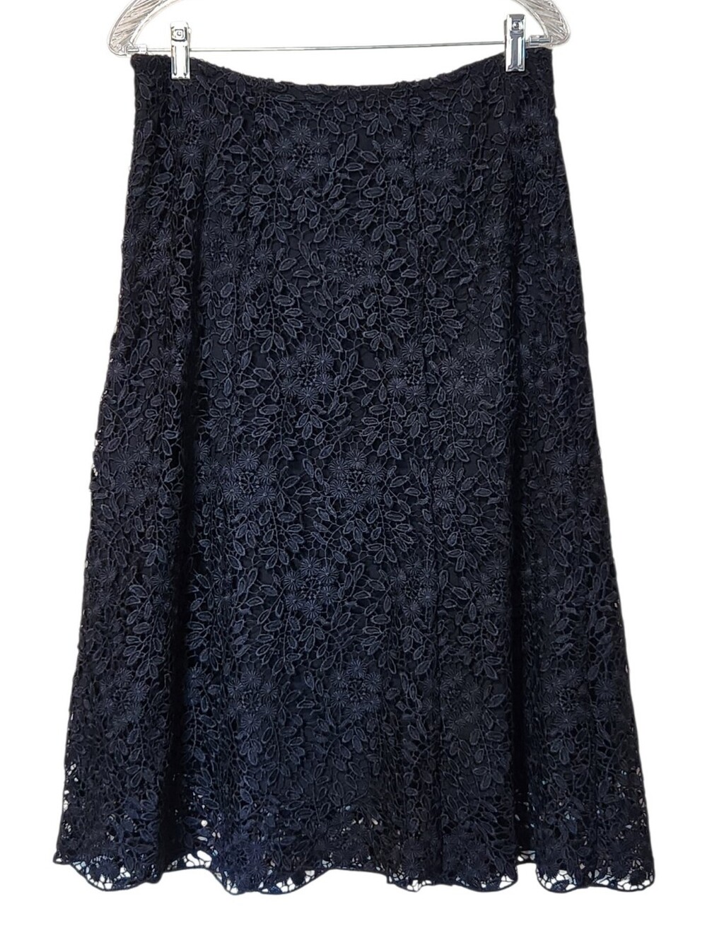 Garnet Hill Black Floral Overlay Scalloped Lace Midi Skirt Size 10
